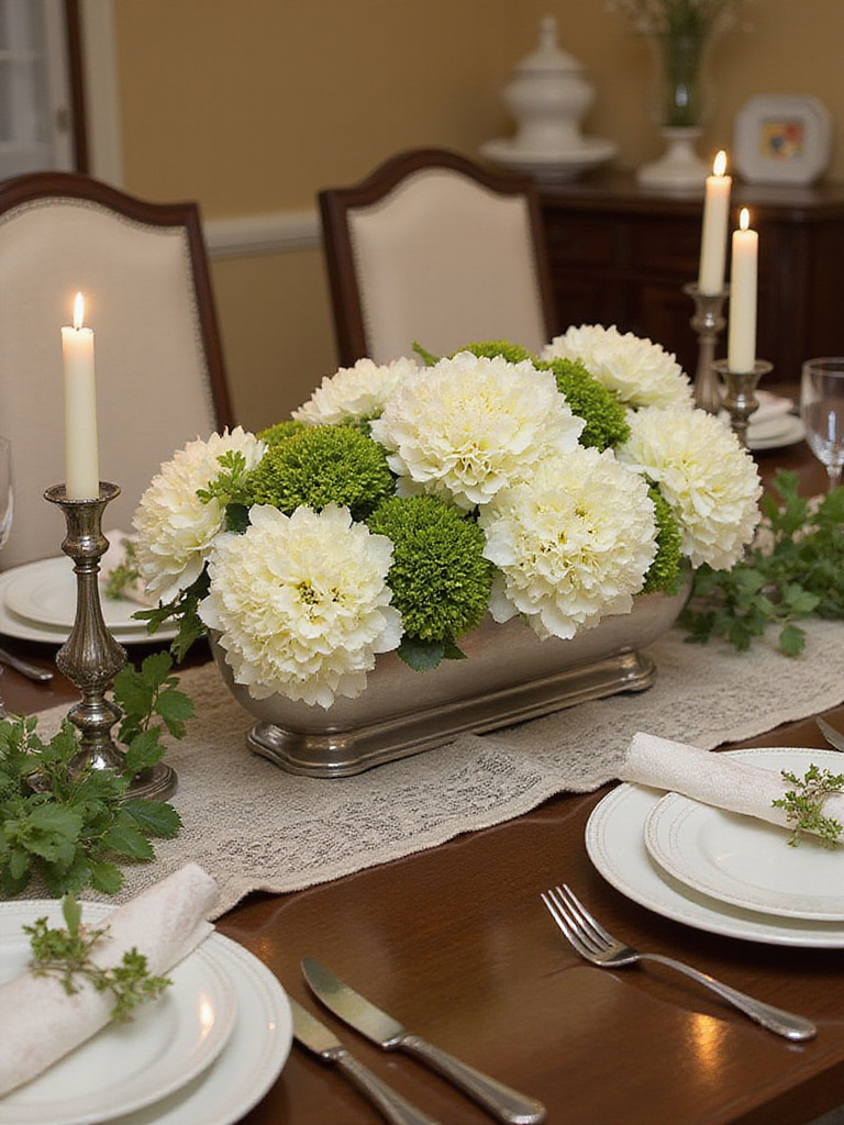 Elegant dining table with a stunning centerpiece of hydrangeas and candelabras.