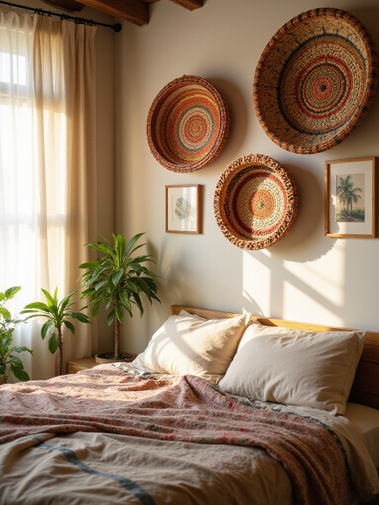 Boho bedroom with travel finds and personal collections displayed.