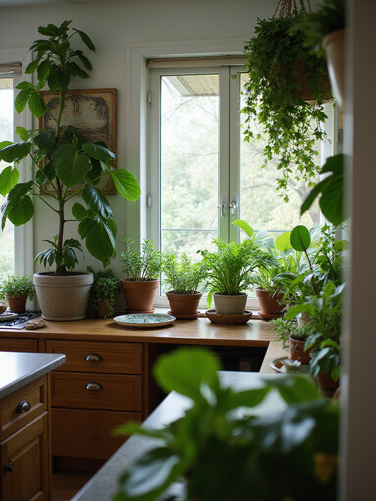 Eclectic kitchen with abundant indoor plants and greenery