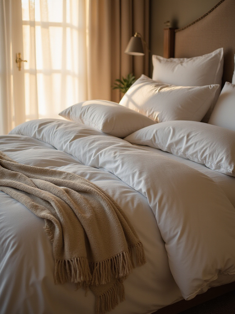 Luxurious high-thread-count bedding on a beautifully arranged bed in a softly lit bedroom