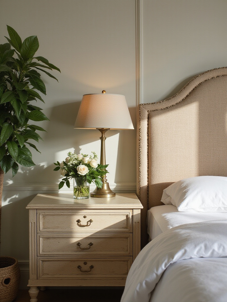 A cozy bedroom with fresh flowers and potted plants enhancing the romantic atmosphere.
