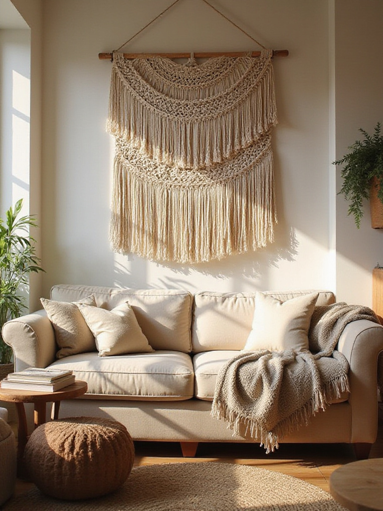 A cozy living room with a macrame wall hanging above a minimalist sofa, showcasing bohemian decor style.