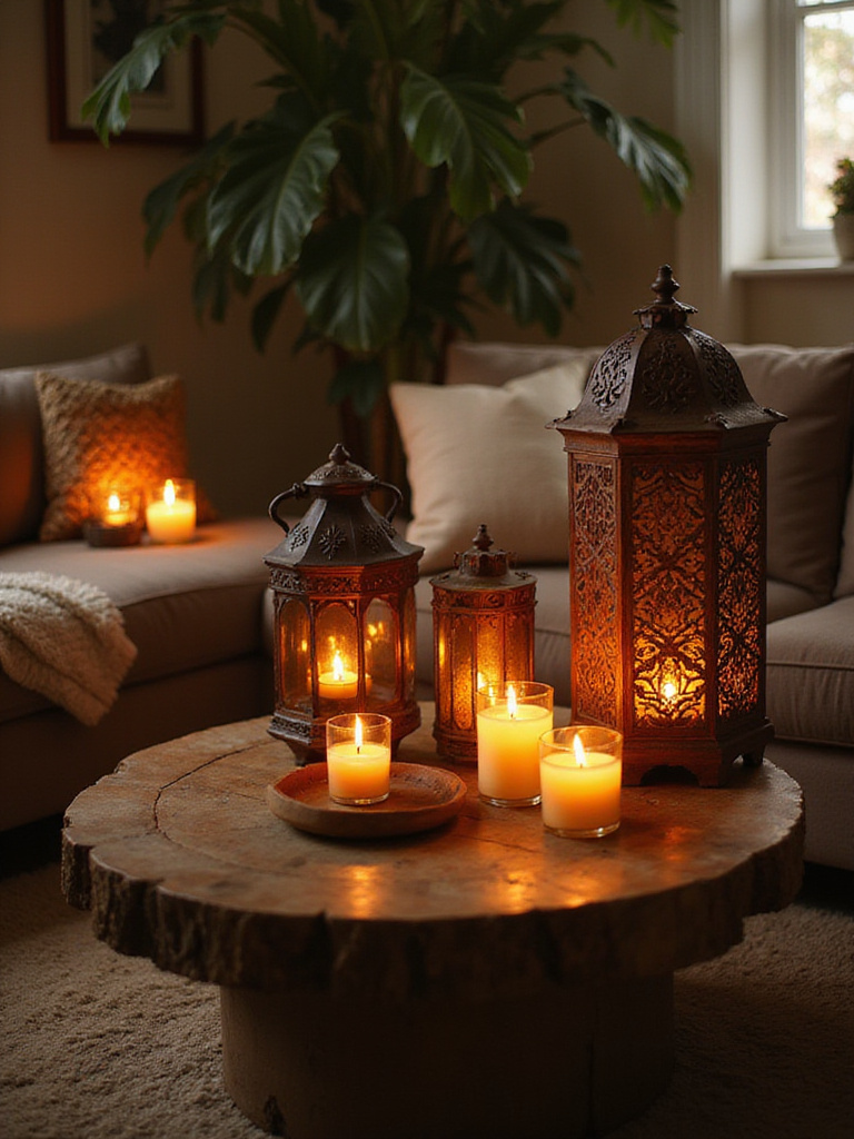 Cozy bohemian living room with scented candles and lanterns creating ambiance