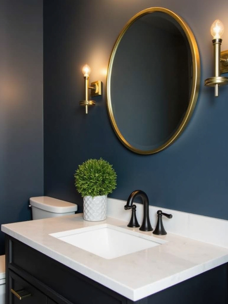 Stylish powder room showcasing budget-friendly DIY upgrades with navy blue walls and elegant fixtures.