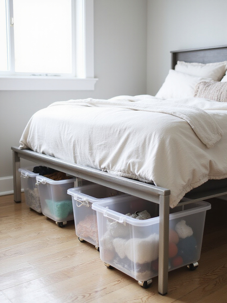 Minimalist bedroom with organized under-bed storage bins and a neatly made bed.