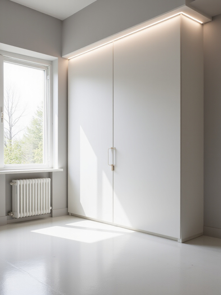 A minimalist bedroom featuring a wall-mounted wardrobe that enhances floor space clarity.