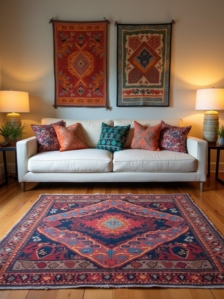 Cozy bohemian living room with global-inspired patterns and eclectic prints