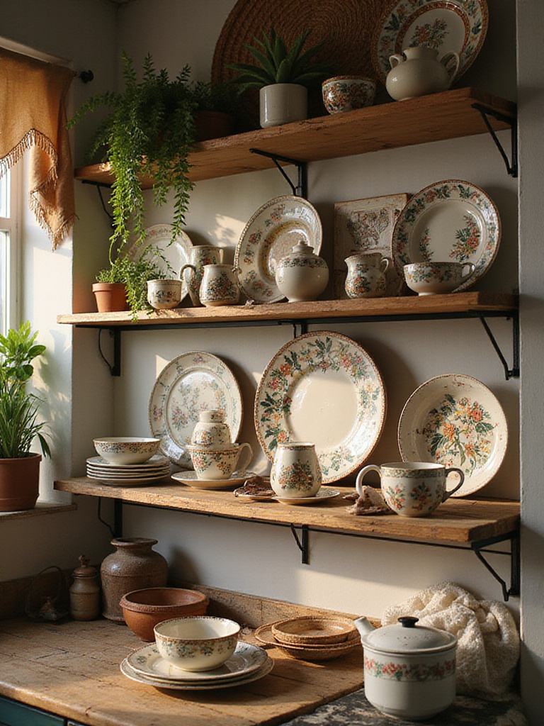 Display of hand-painted dishware on a rustic shelf in a bohemian kitchen