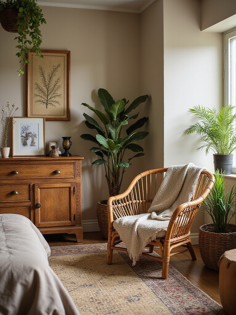 Boho bedroom with vintage furniture including a rustic dresser and rattan chair