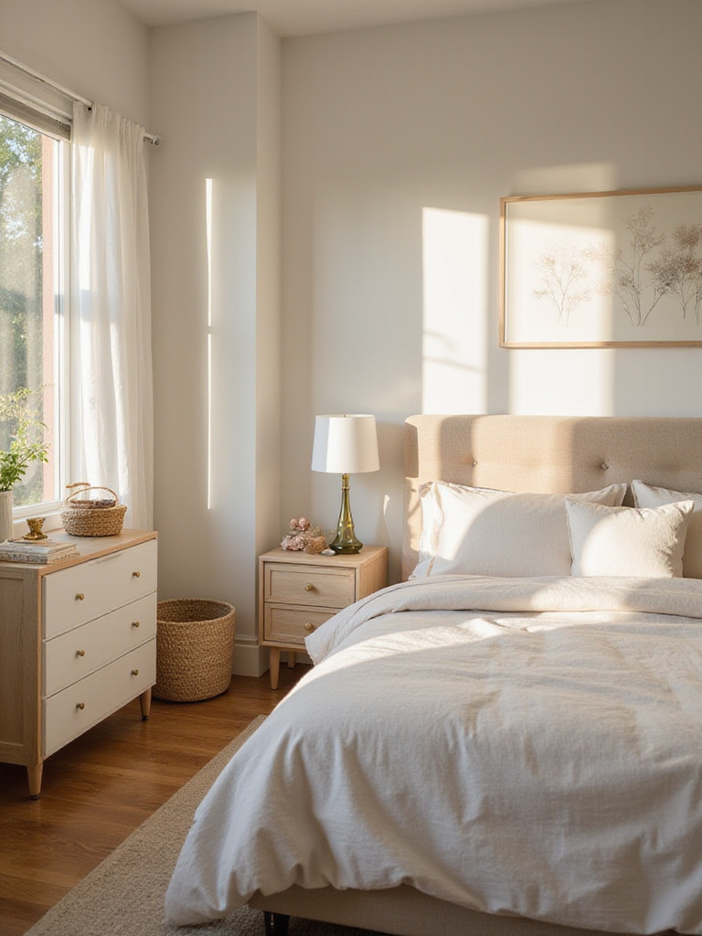A decluttered and serene bedroom with warm lighting and minimalist decor.