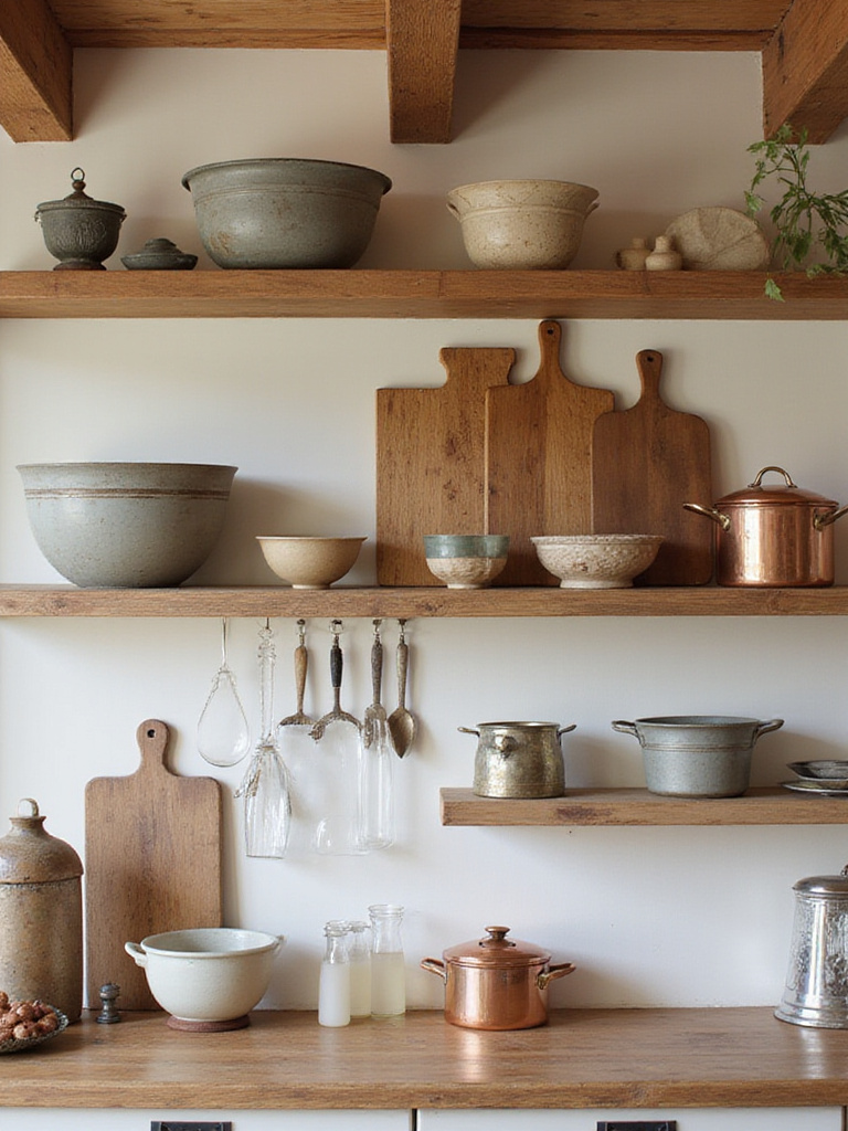 A beautifully arranged farmhouse kitchen showcasing practical kitchenware as decorative elements.
