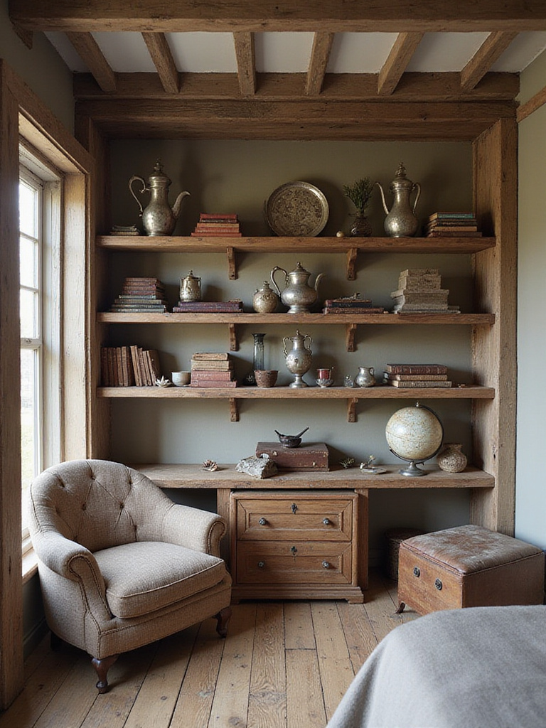 Rustic bedroom with open shelving showcasing vintage and antique finds