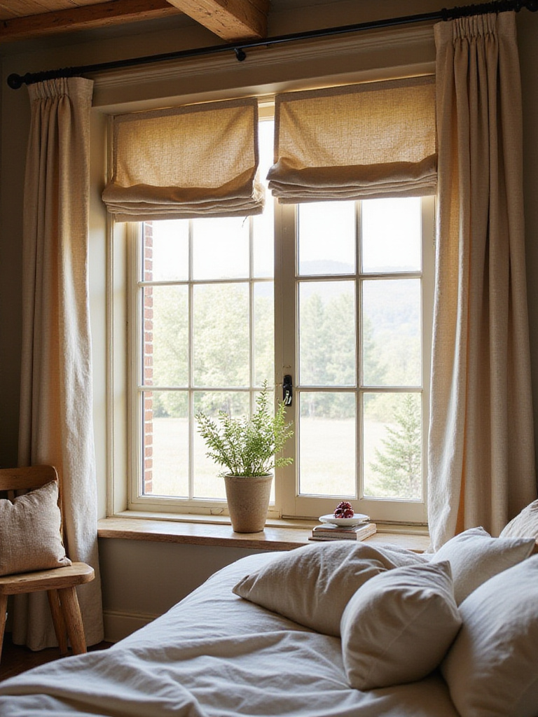 A rustic bedroom with simple linen drapes and Roman shades for windows, showcasing a warm and inviting atmosphere.