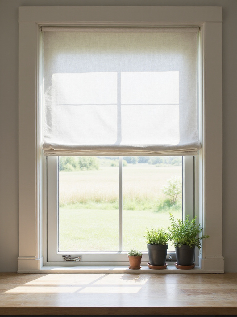A rustic farmhouse kitchen window with minimalist Roman shades letting in natural light.