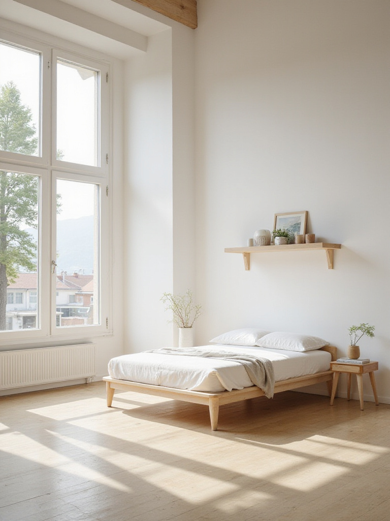 A serene minimalist bedroom emphasizing openness with minimal furniture.