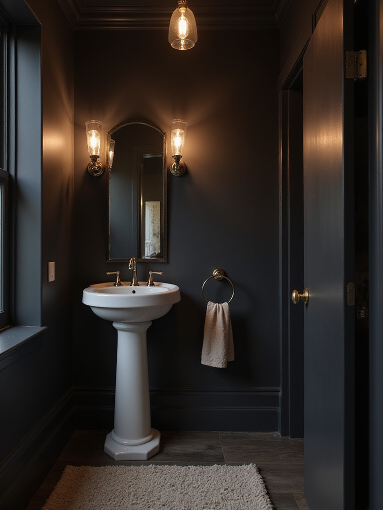 A luxurious powder room with dark charcoal walls and elegant fixtures.