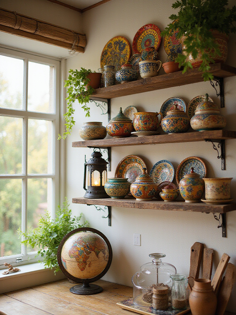 Eclectic kitchen display featuring travel souvenirs and global finds.