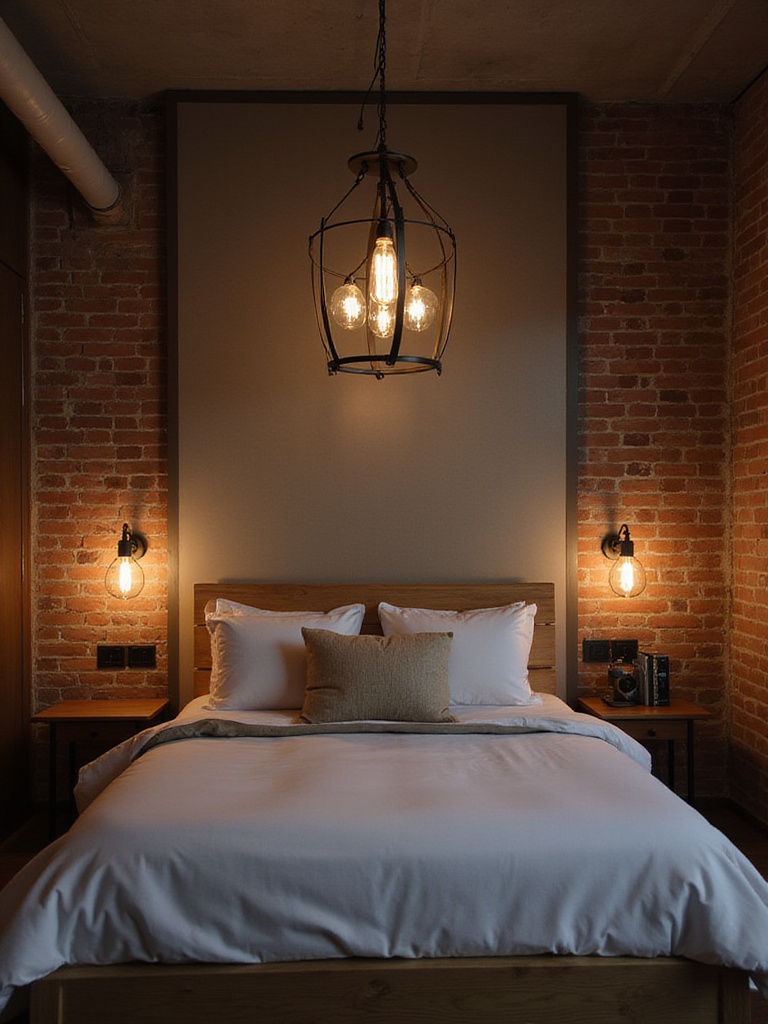Modern urban loft bedroom with industrial-chic lighting fixtures and exposed brick walls.