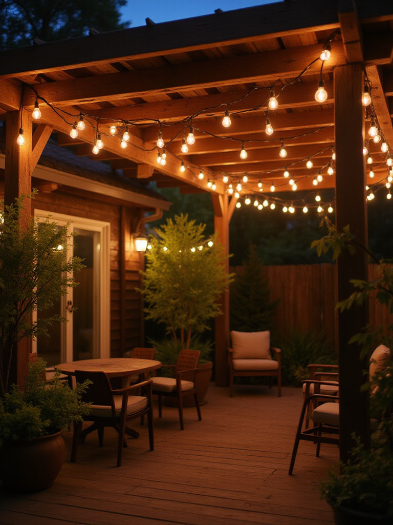 A beautifully lit patio showcasing both LED and incandescent lights for comparison.