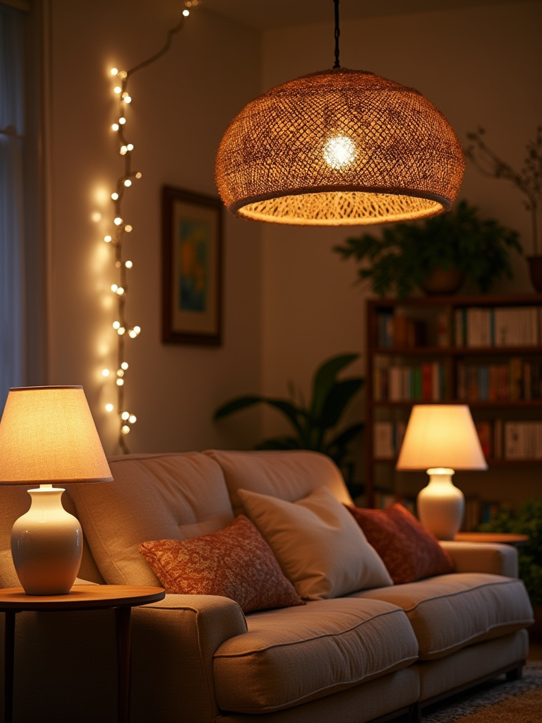Bohemian living room with warm ambient lighting and unique fixtures
