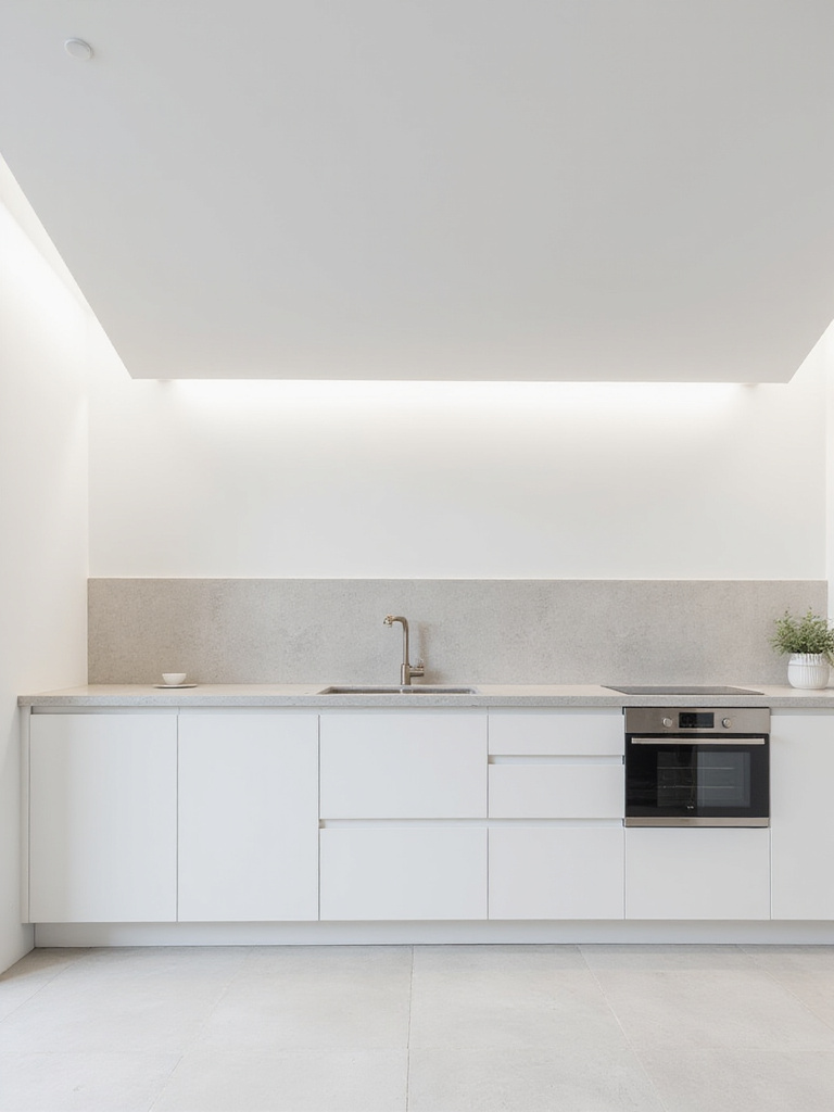 Minimalistic kitchen with monochromatic color palette featuring white cabinetry and light gray countertops