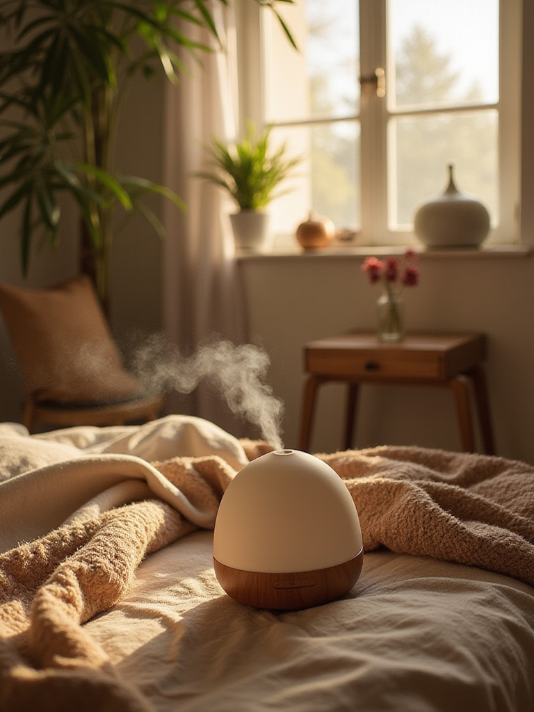 A cozy boho bedroom featuring an essential oil diffuser and natural elements for a calming atmosphere.