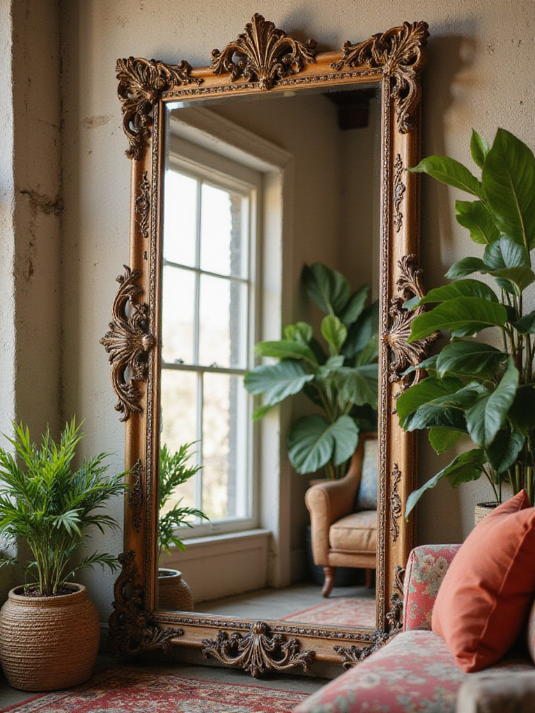 A beautifully decorated living room featuring an ornate mirror reflecting warm light and enhancing the bohemian aesthetic.