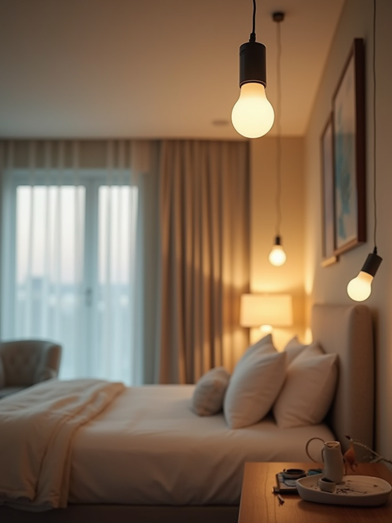 A modern bedroom showcasing smart bulbs with warm light illuminating the space.