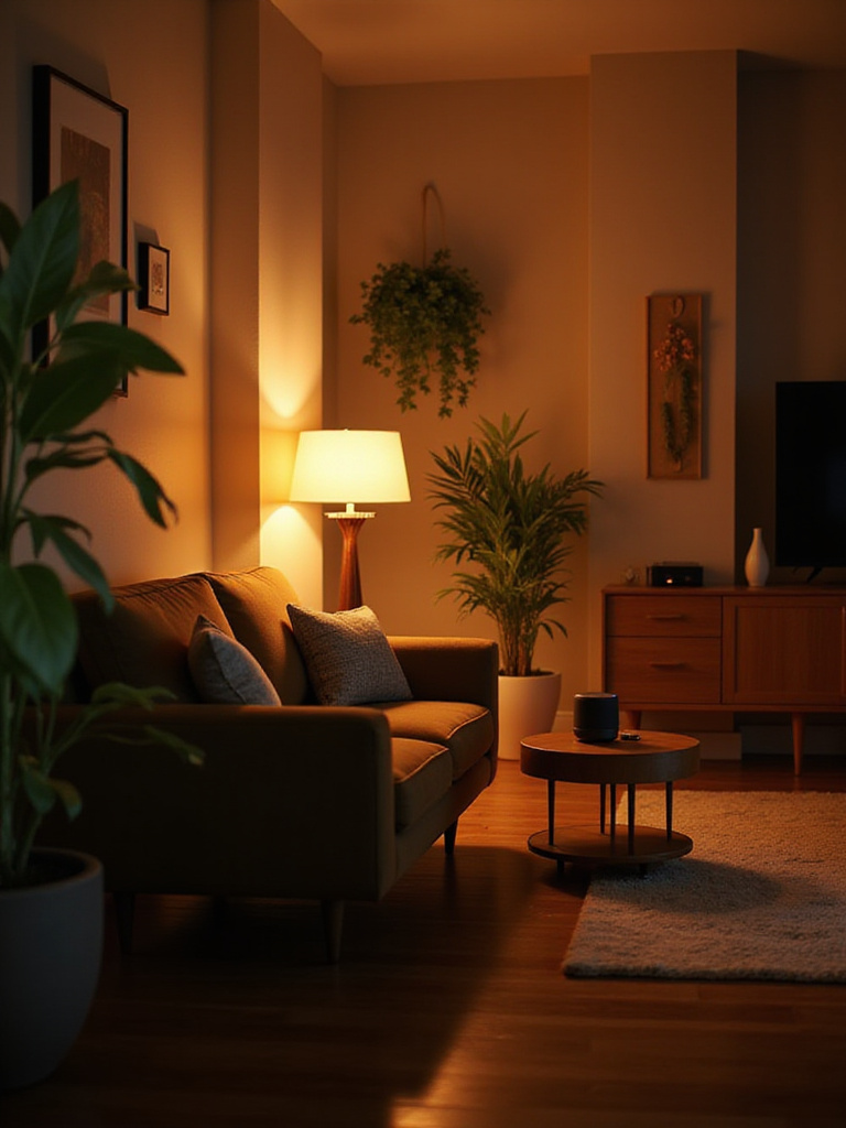 Cozy living room illuminated with smart lighting controls, showcasing a stylish ambiance.