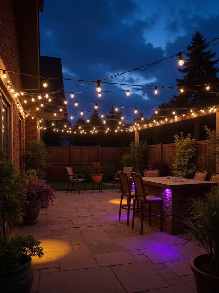 Smart patio lights illuminating a cozy outdoor patio setting at dusk.