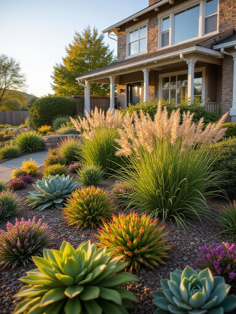 Beautifully landscaped front yard with drought-tolerant plants, showcasing vibrant colors and textures.