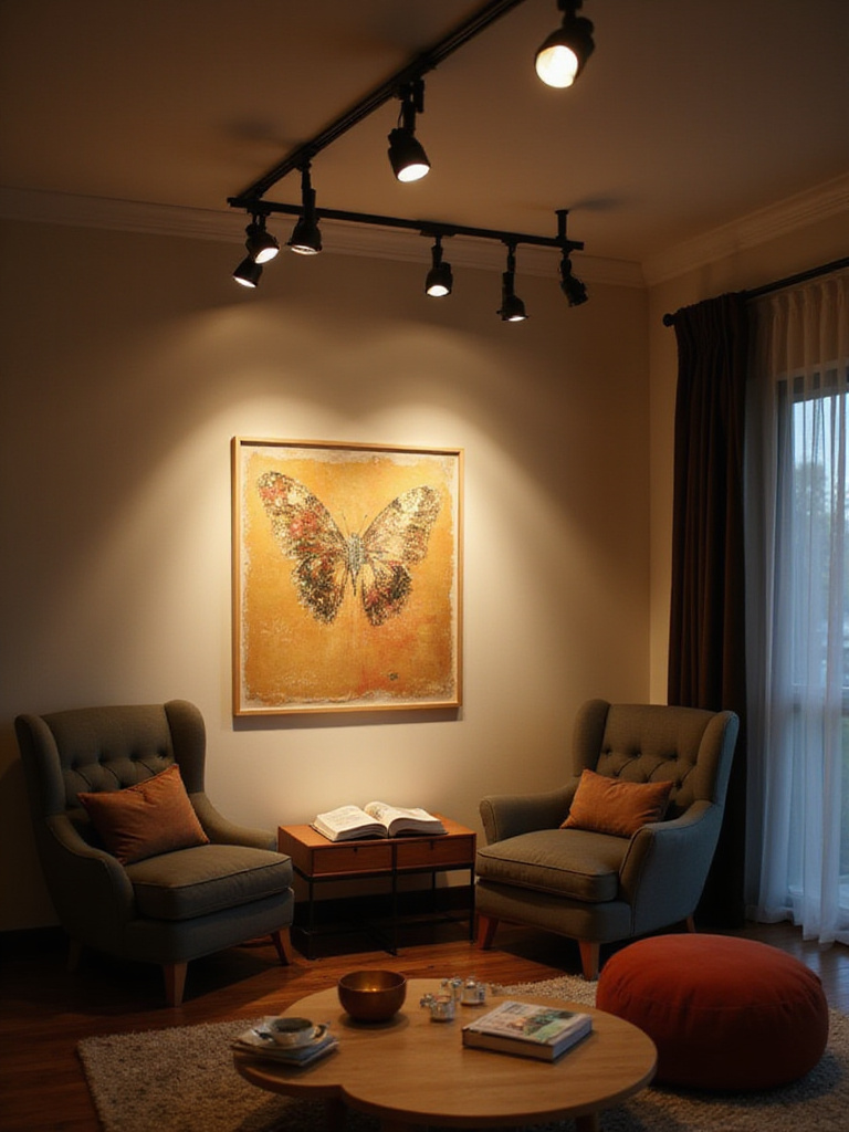 A modern living room featuring a track lighting system that highlights artwork and creates ambiance.