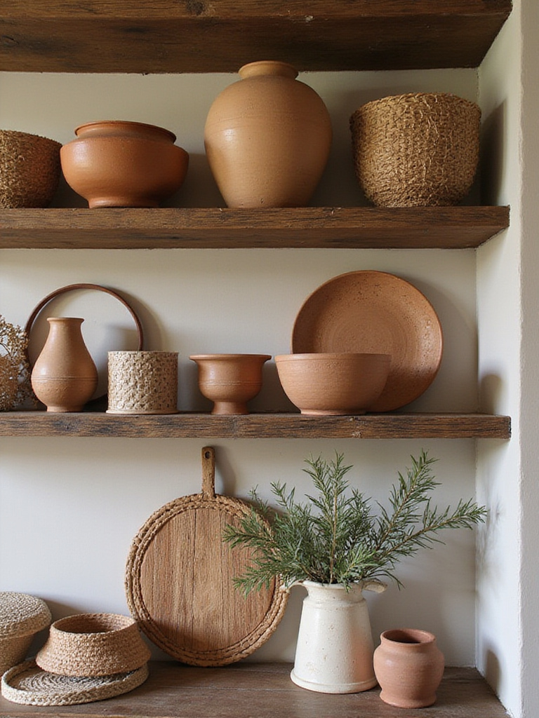 Eclectic kitchen with wood, rattan, and clay materials