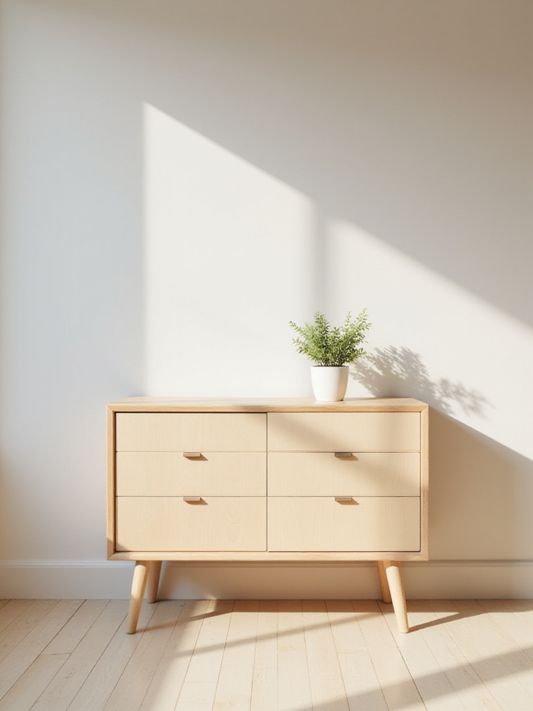 Portrait image of a simple legged dresser in a minimalist bedroom with natural light.