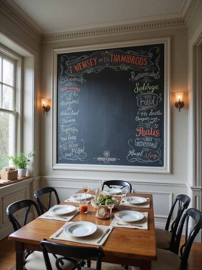 Dining room with a chalkboard wall featuring colorful chalk drawings and quotes.