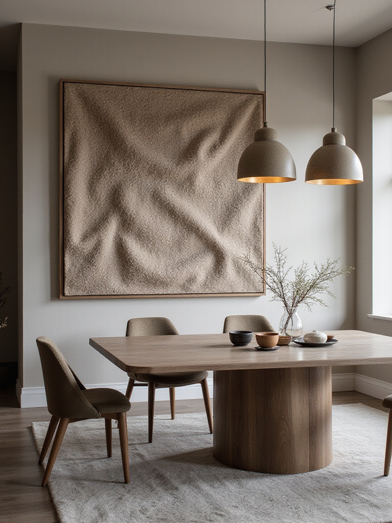 Modern dining room featuring textured fabric art piece on the wall