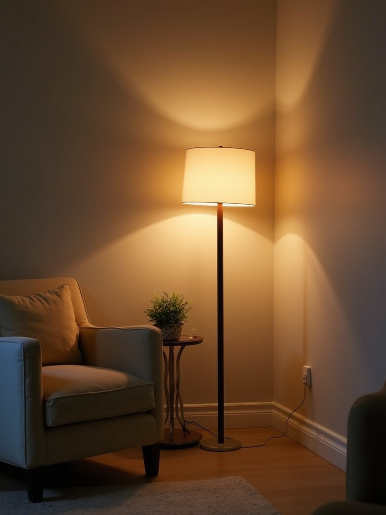 Modern floor lamp in a cozy bedroom corner creating warm ambiance