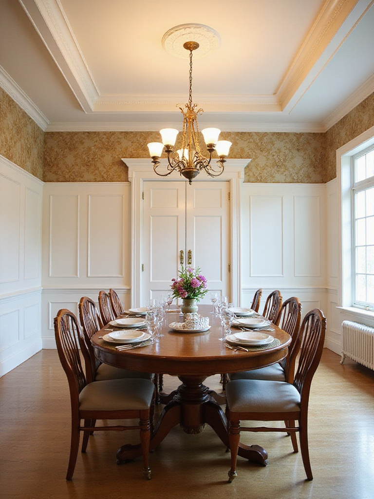 Traditional dining room with classic wainscoting and damask wallpaper