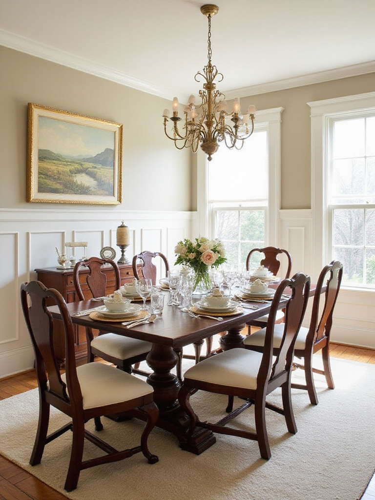 Traditional dining room featuring a mahogany table and Queen Anne chairs with elegant decor.