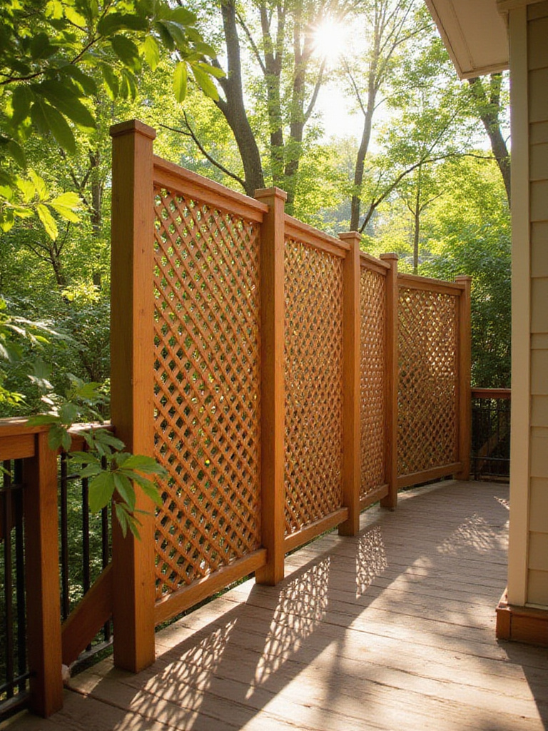 Lattice privacy screen on a deck with surrounding greenery