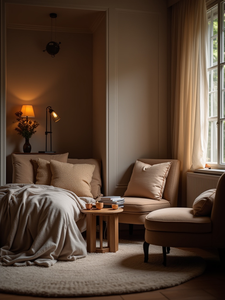 Cozy nook in a bedroom with comfortable seating and soft lighting for reading and conversation.