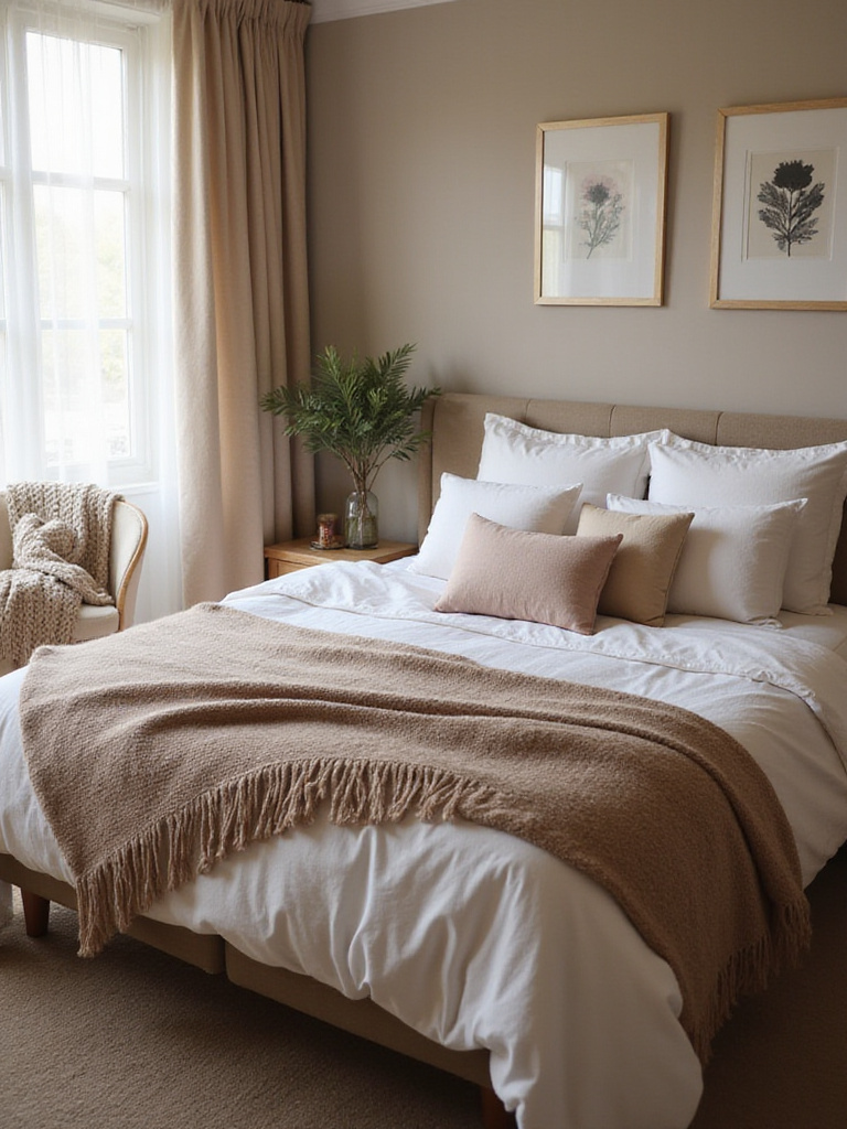 Romantic bedroom with plush throws and pillows creating a cozy atmosphere