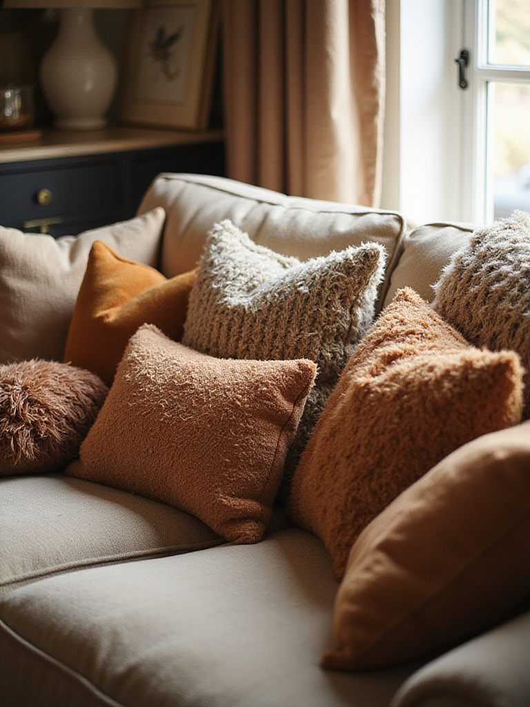 A cozy bohemian living room with a sofa adorned with various textured throw pillows.