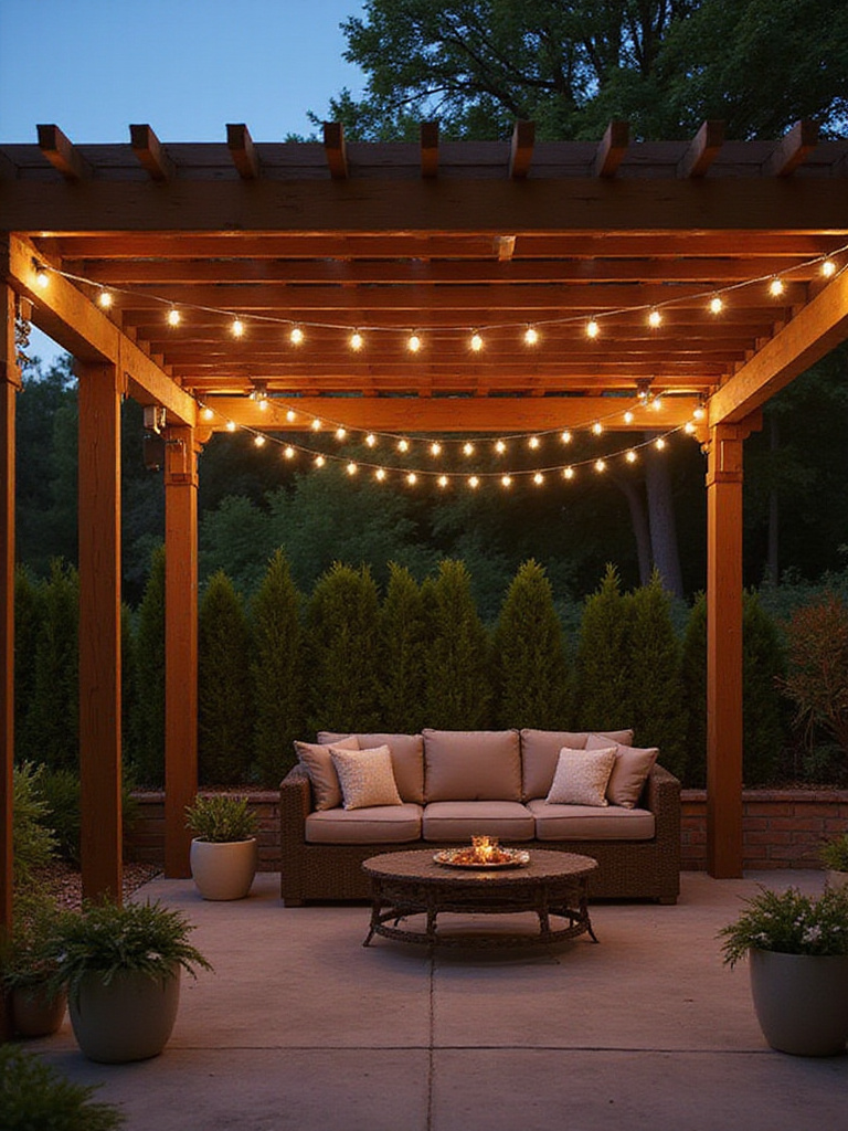 Elegant outdoor patio scene featuring DIY hanging methods for lights with warm lighting.