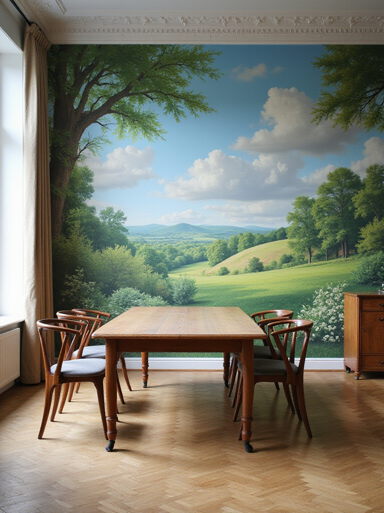 A beautifully hand-painted mural in a dining room, depicting a serene landscape.