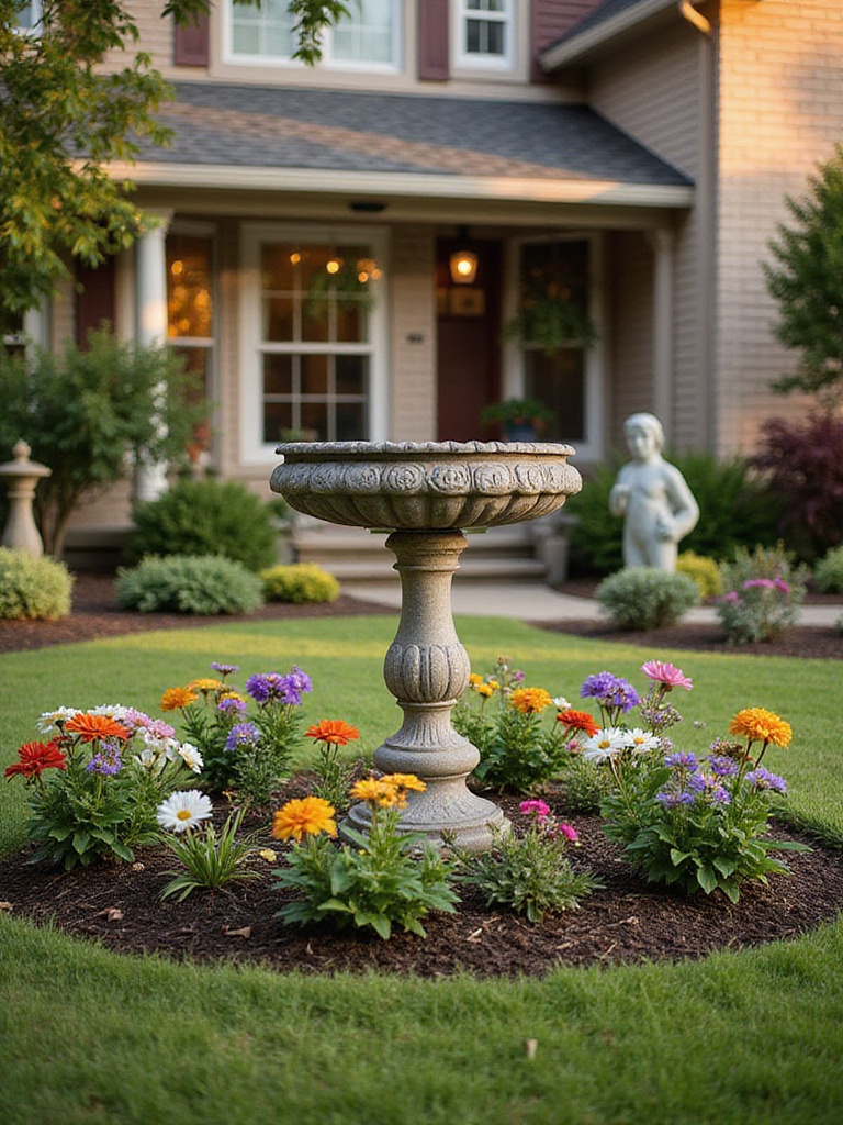 Beautiful front yard with decorative garden accents including a vintage bird bath and colorful flowers.