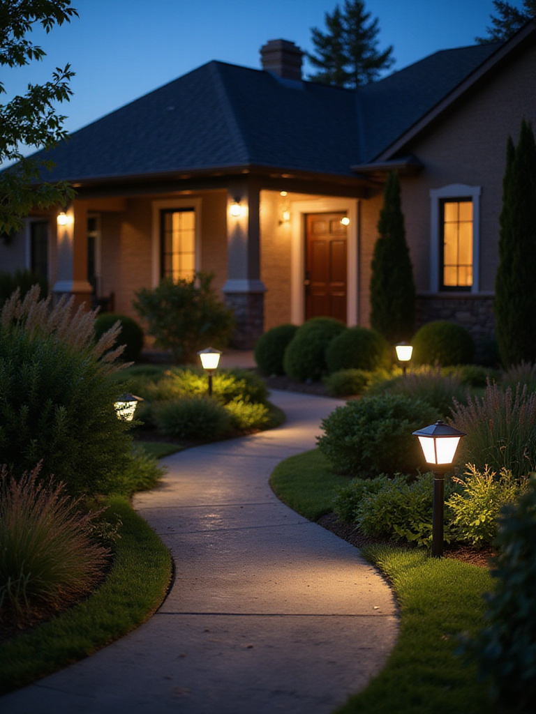 A beautifully lit front yard showcasing strategic outdoor lighting at dusk.