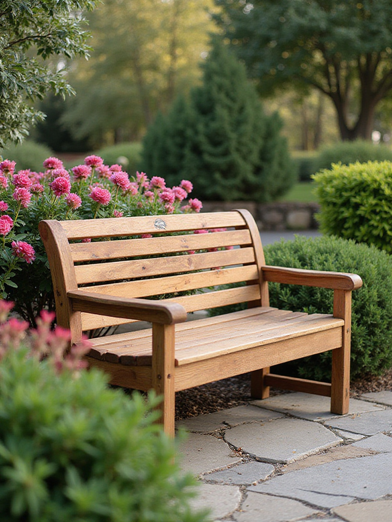 Welcoming bench in a serene front yard with flowering plants