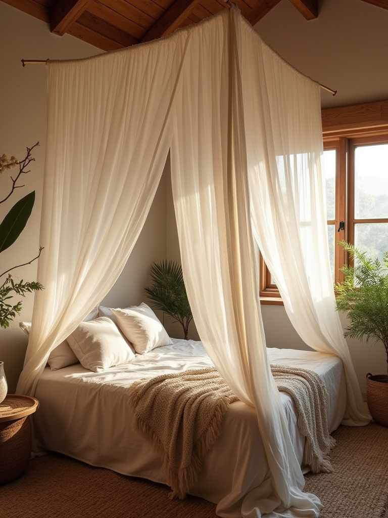 Cozy boho bedroom with a whimsical bed canopy draped over a queen-sized bed.