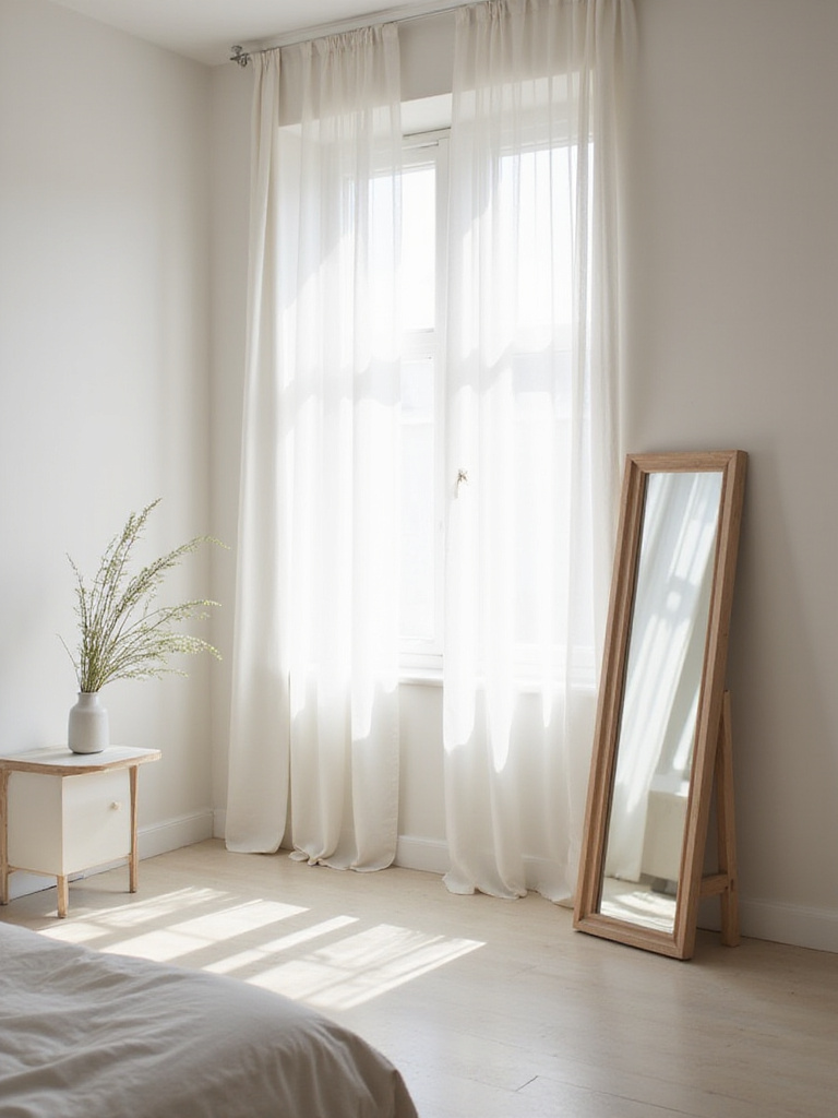 Minimalist bedroom with a slim tall mirror reflecting natural light